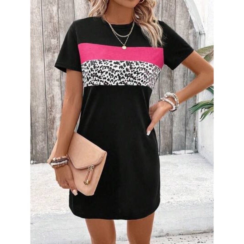 SHEIN Women Black Pink Leopard Colorblock Short Sleeve T-Shirt Mini Dress Size 6